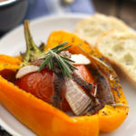 Tomato Garlic Stuffed Peppers are mouthwatering and packed with tomato, garlic, onion and lots of herbs and topped with sardines!