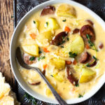 bowl of smoked sausage and potato cheese soup