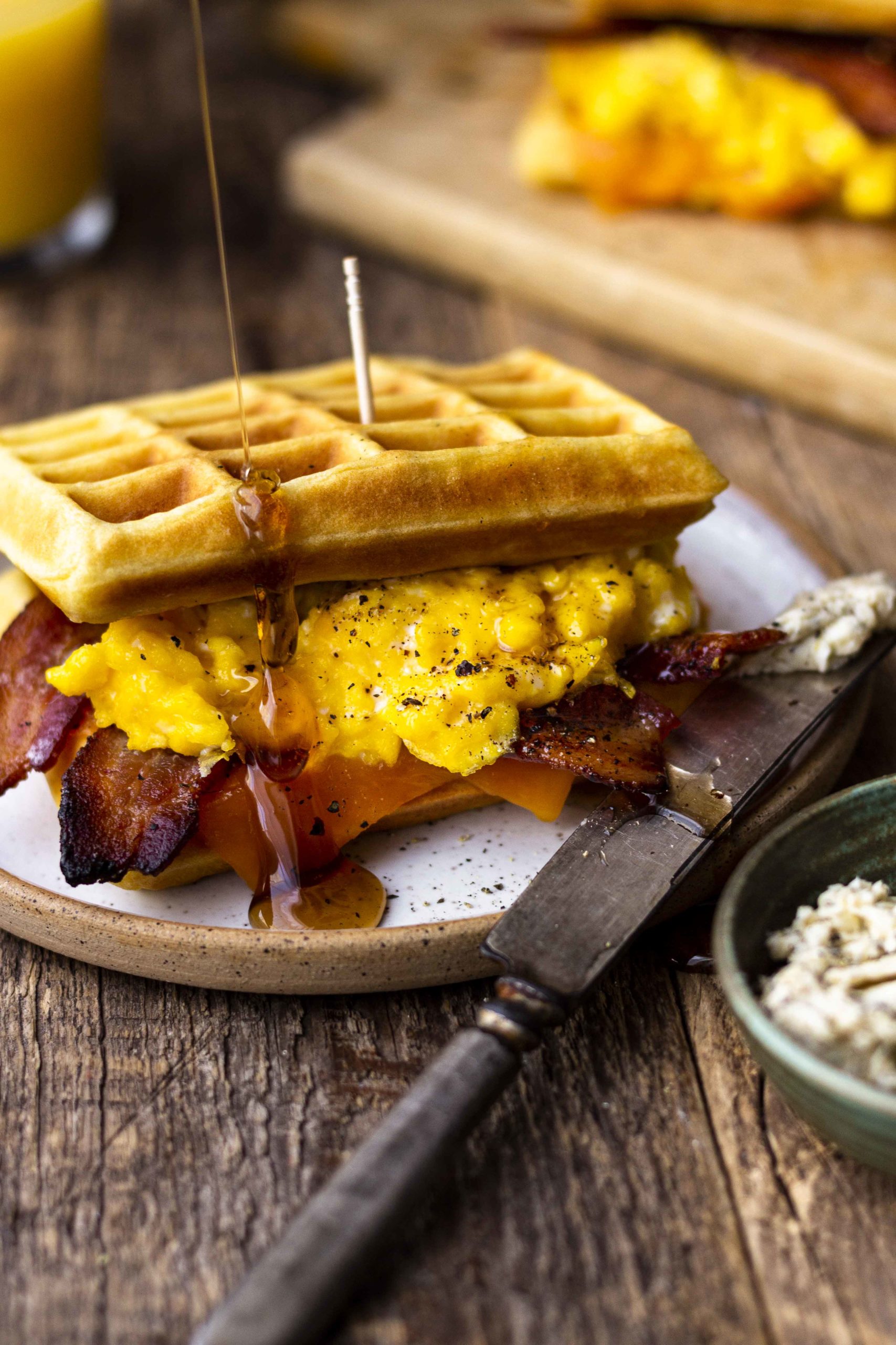 Waffle Breakfast Sandwich with Peppered Maple Bacon - Modern Farmhouse Eats