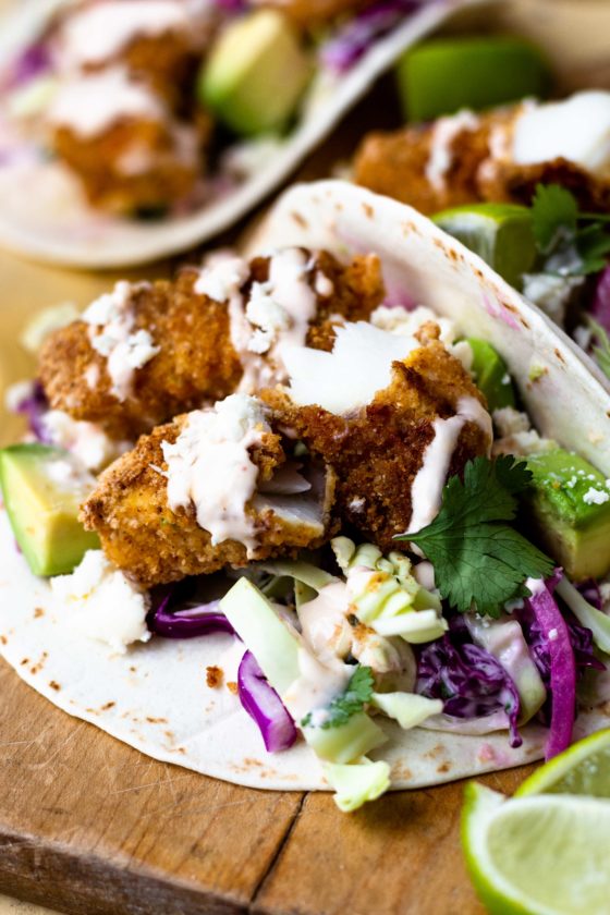 Crispy Baked Fish Tacos with Creamy Cilantro Lime Slaw - Modern ...