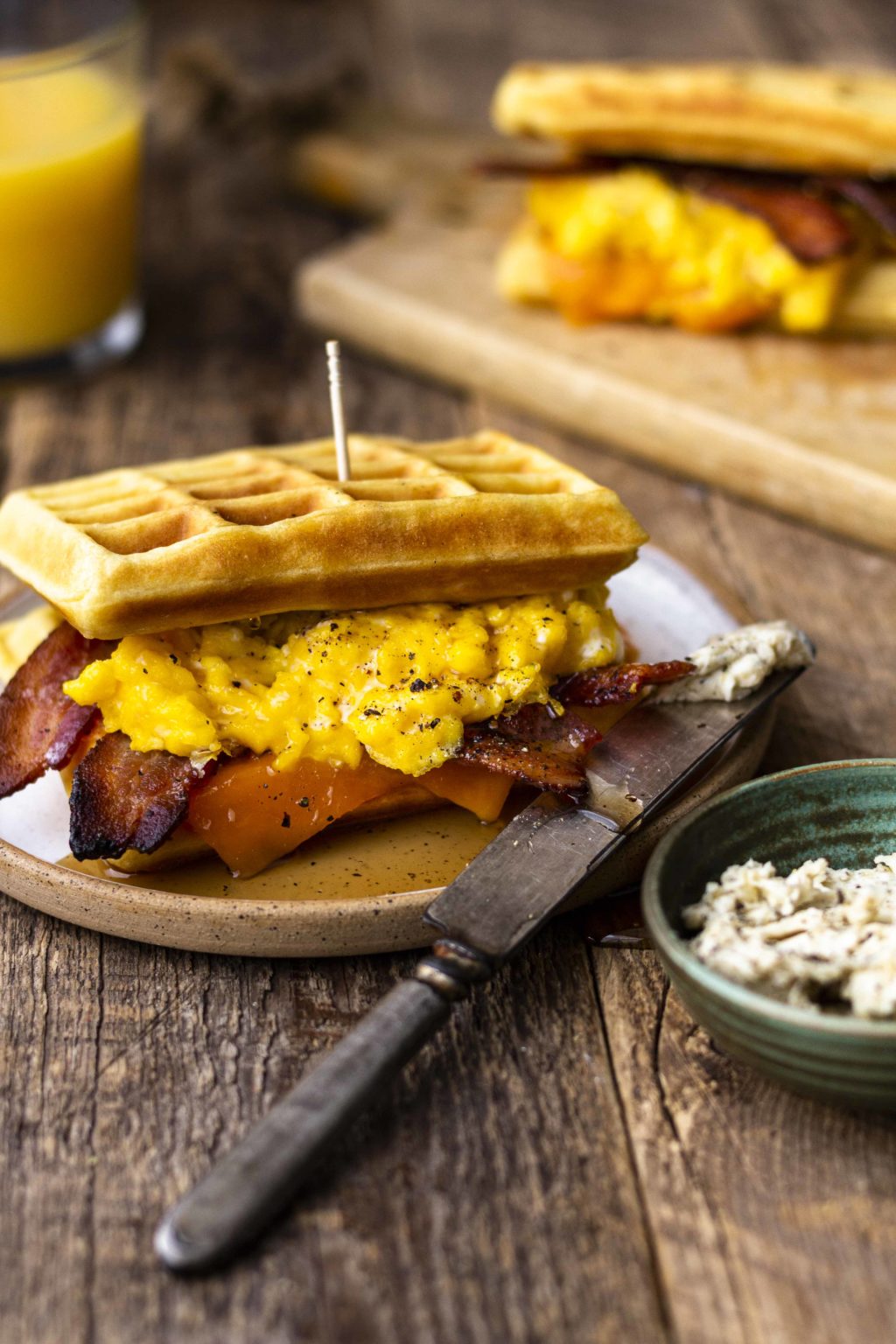 Waffle Breakfast Sandwich with Peppered Maple Bacon - Modern Farmhouse Eats