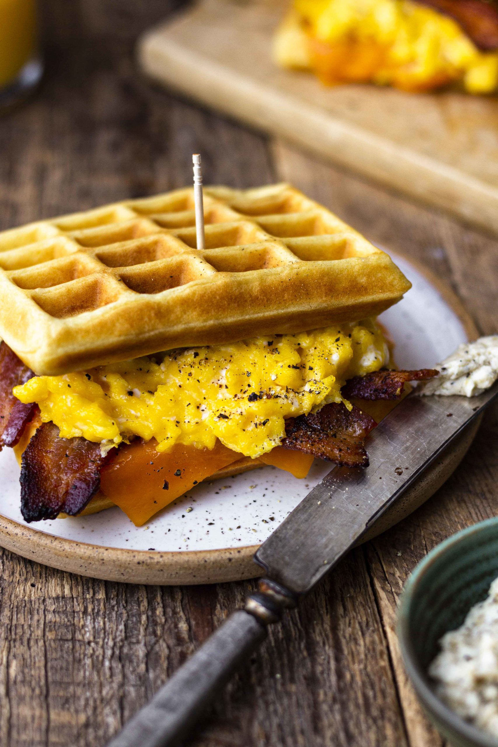 Waffle Breakfast Sandwich with Peppered Maple Bacon - Modern Farmhouse Eats