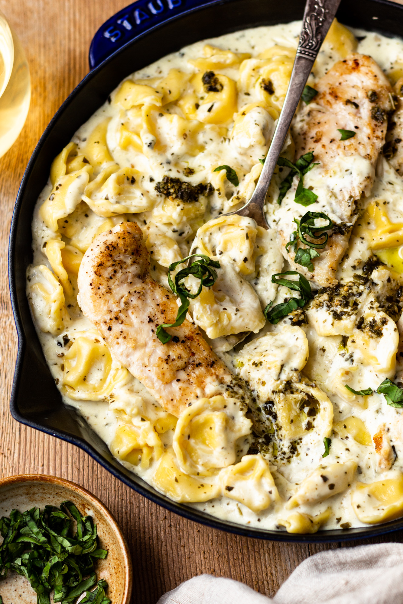 Cheese Tortellini with Chicken and Creamy Pesto Sauce Modern