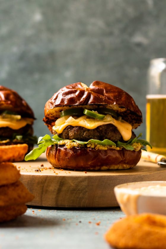 Beer Cheese Burgers on Pretzel Buns with Caramelized Beer Onions and ...