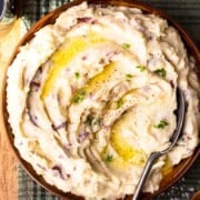 red skin mashed potatoes in a serving bowl