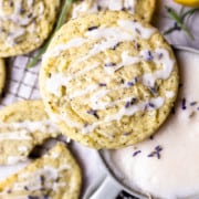 lavender earl grey cookies sitting on top of a cup of lavender earl grey tea