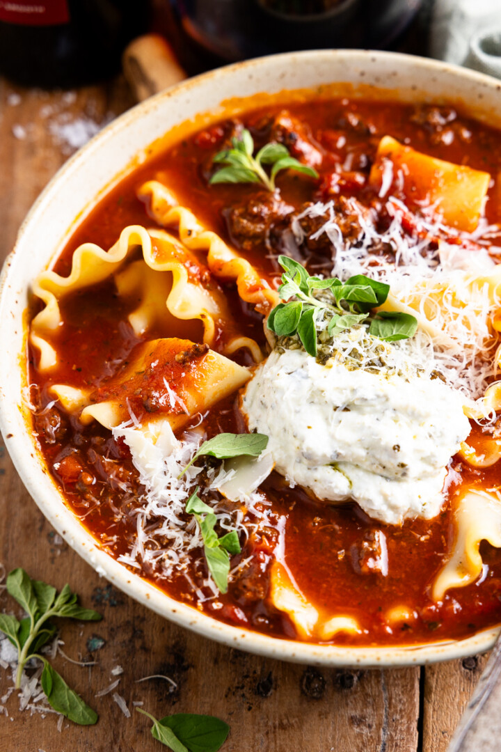 Slow Cooker Lasagna Soup with Whipped Pesto Cottage Cheese - Modern ...