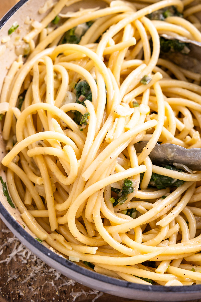 ramp pasta in a skillet