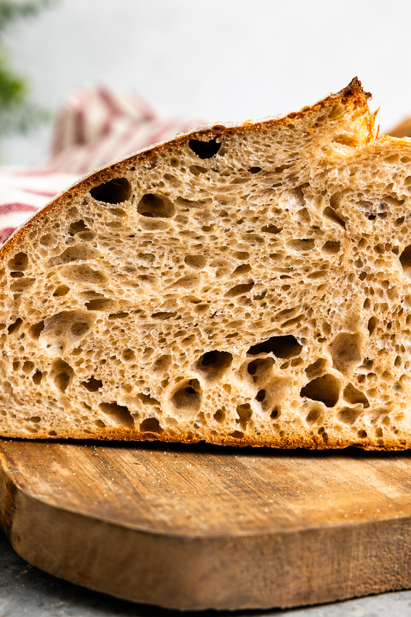 close up of the inside of a sourdough bread loaf