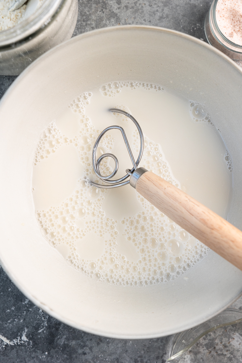 sourdough leaven and water mixed together in a bowl until combined and cloudy