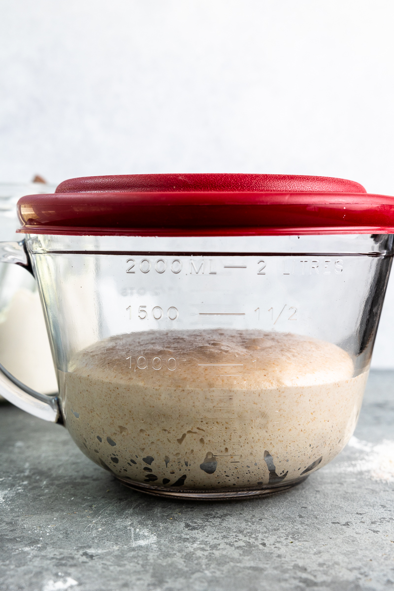 the sourdough in a large glass measuring bowl