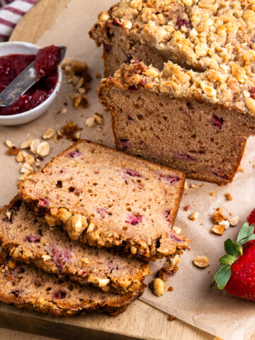 peanut butter jelly bread sliced on a cutting board