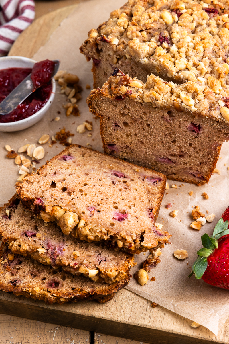 peanut butter jelly bread sliced on a cutting board