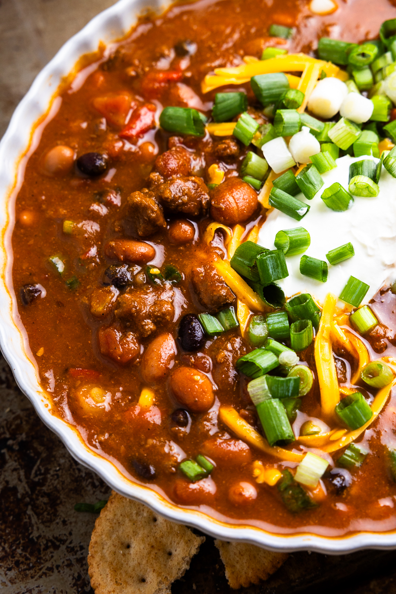 close up of bowl of venison chili